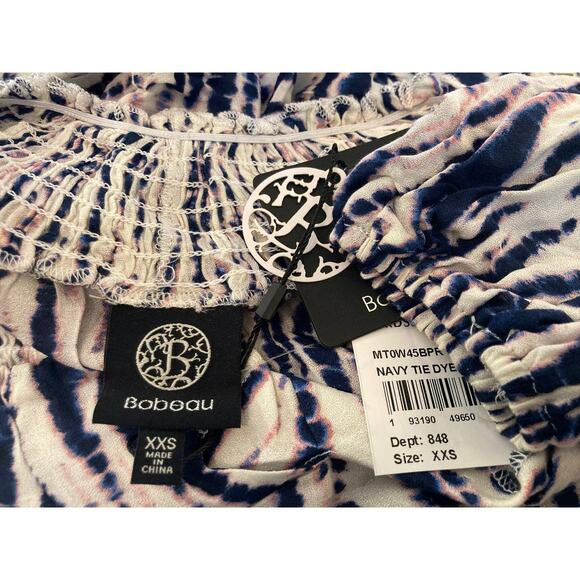 Bobeau Tie Dye Smocked V-Neck Boho Pullover Top Sz XXS/2XS Blue White Pink NWT - Picture 4 of 6